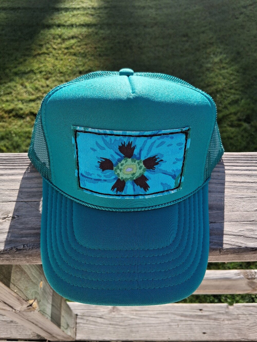Jade Green Trucker Hat with Multicolor Floral Handmade Patch